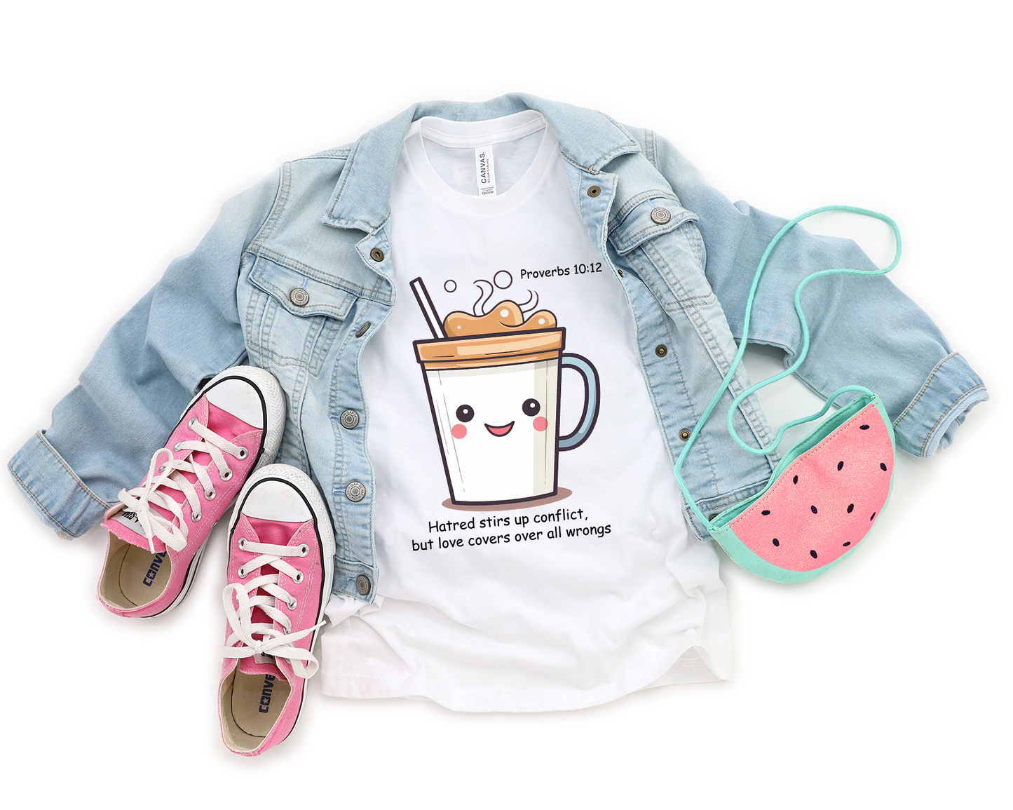 Kawaii Coffee Character With Bible Verse T-Shirt - Youth